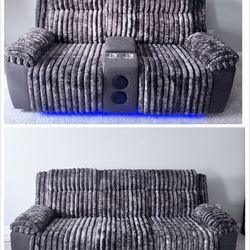 Reclining Sofa + Loveseat Set – LED Lights, Console – Excellent Condition +Free Delivery