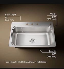 New Kohler 33" ×22" Drop in Single Bowl 18 Gauge Stainless Steel Kitchen Sink w/ 4 Faucet Holes