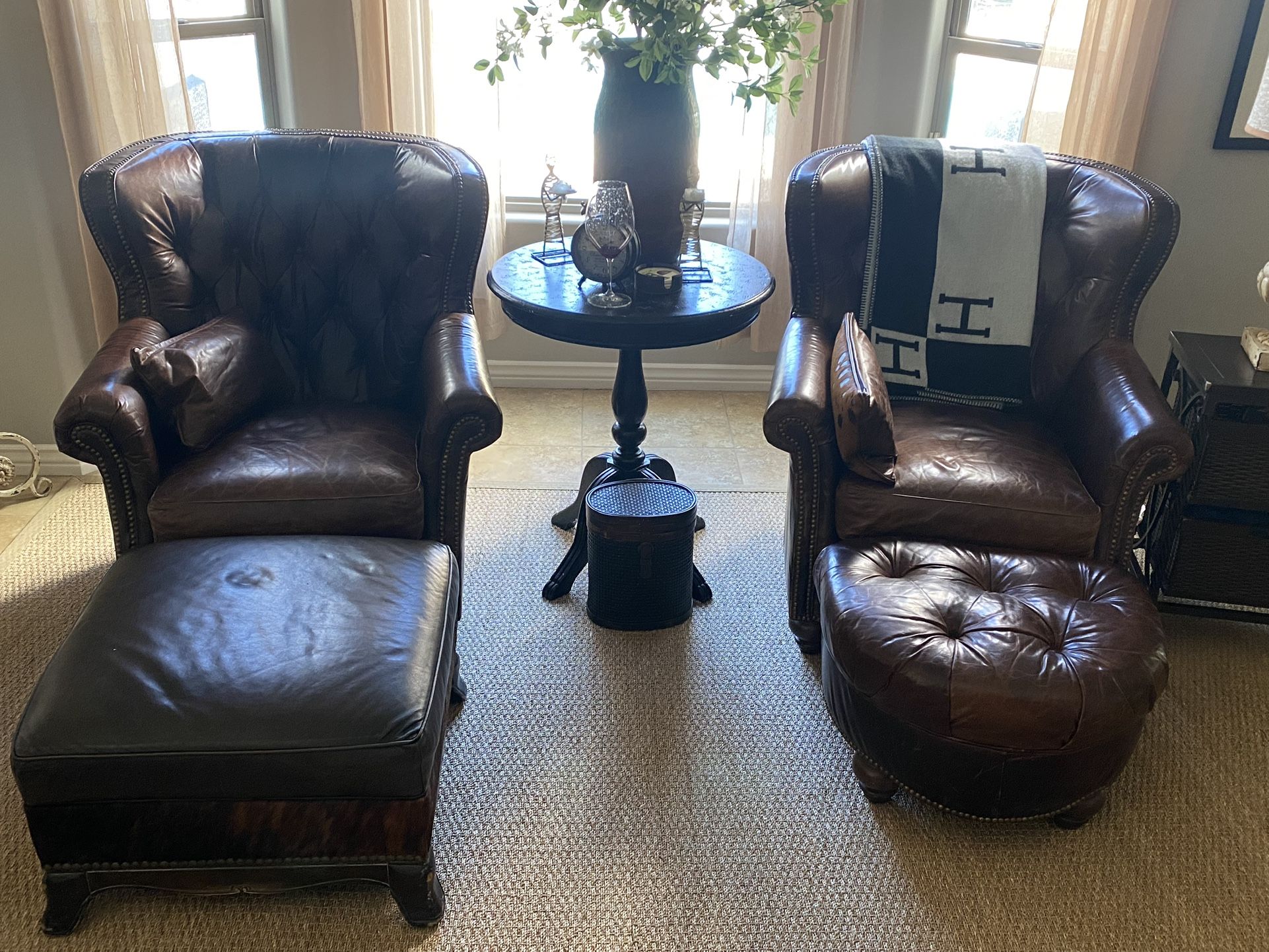 2 Paul Robert Tufted Wingback Leather Chairs and 2 Ottoman Plus Pillows