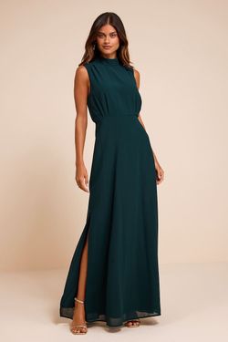 NWT Lulus Classic Elegance Emerald Chiffon Sleeveless Mock Neck Maxi Dress
