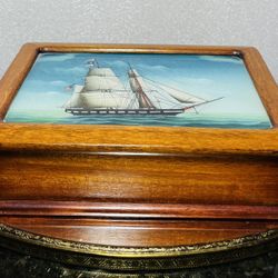 Vintage Wood Box w/ Hand Painted reverse Painted on glass Clipper Ship 