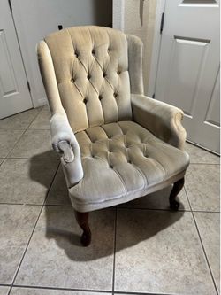 Vintage French Provincial Beige Tuffed Wing Back Accent Chair