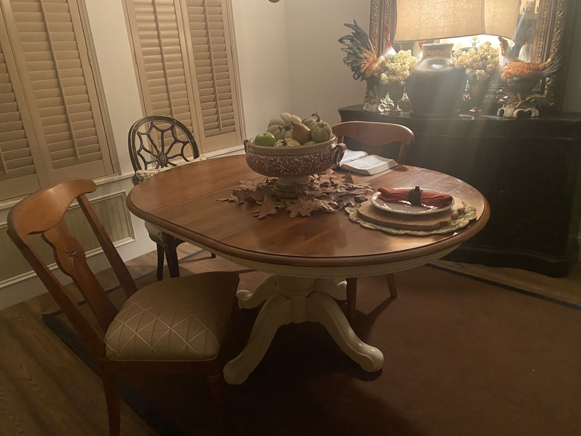 Ethan Allen 44” Table And 2 Chairs And One Leaf. 2 Bar Stools
