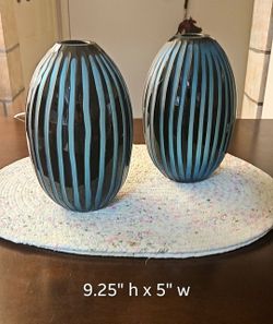 BEAUTIFUL Mid-Century Modern Style Art Glass Vases (Pair) – Black & Teal Stripe 9"