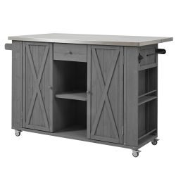 Outdoor Kitchen Island Fir Wood Kitchen Island with Stainless Steel Top, Ample Storage Space, Towel and Spice Racks and a Bottle Opener for Outdoor, G