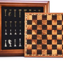 14 inches Wooden Chess Set with Metal Chess Pieces / 2.5'' King/Storage for Chessmen/Gift Package/Instructions/Classic Board Game


