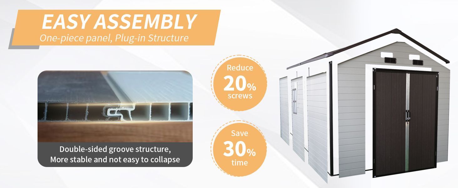 8x14x7.6 Ft Outdoor Resin Storage Shed with Windows, Strong Aluminum Frame & Floor for Garden, Backyard Organization (White+Brown)