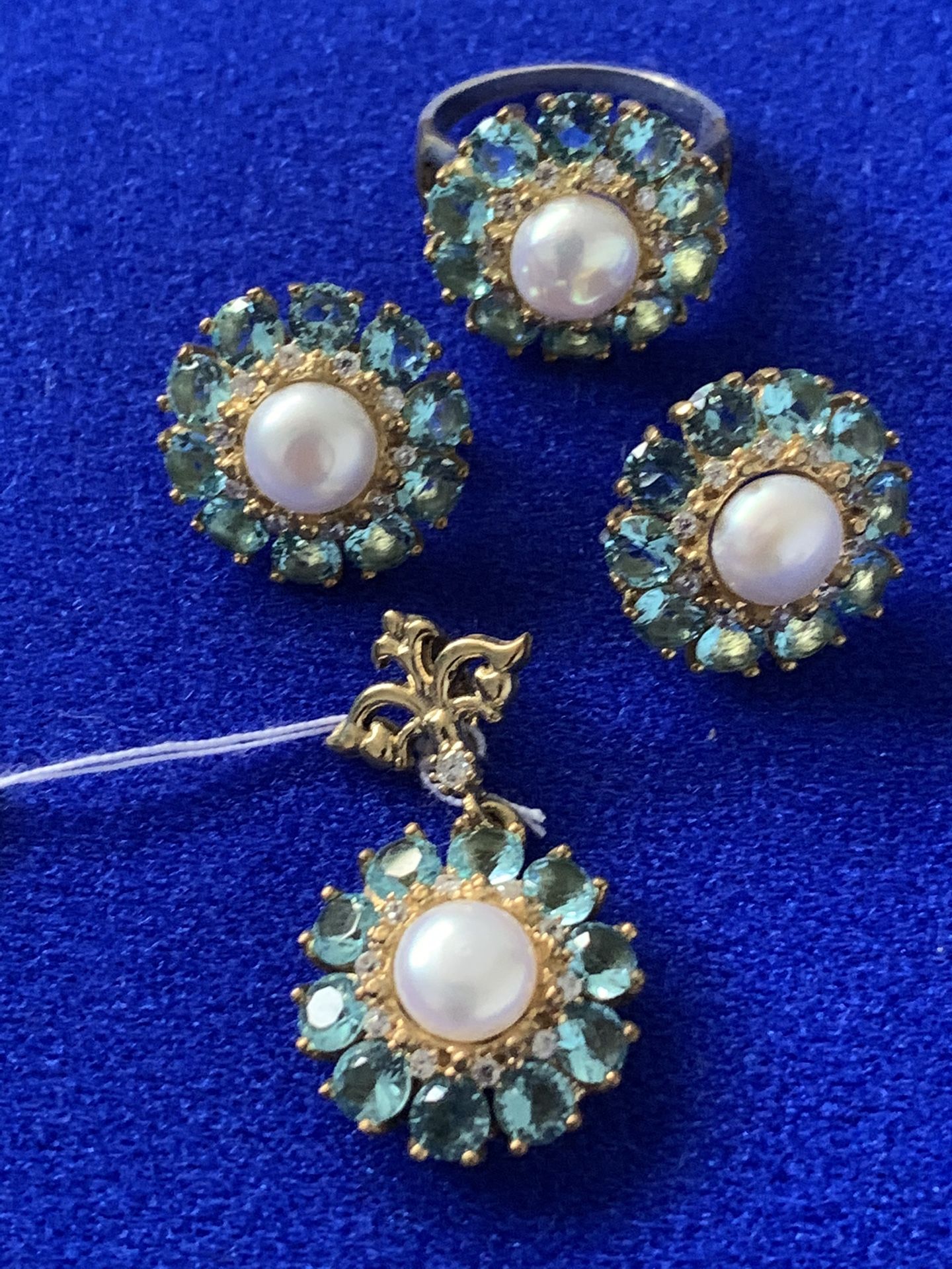 Aqua Topaz & Pearl Earrings Pendant Ring Size 9 Antique Vintage Style Jewelry Set