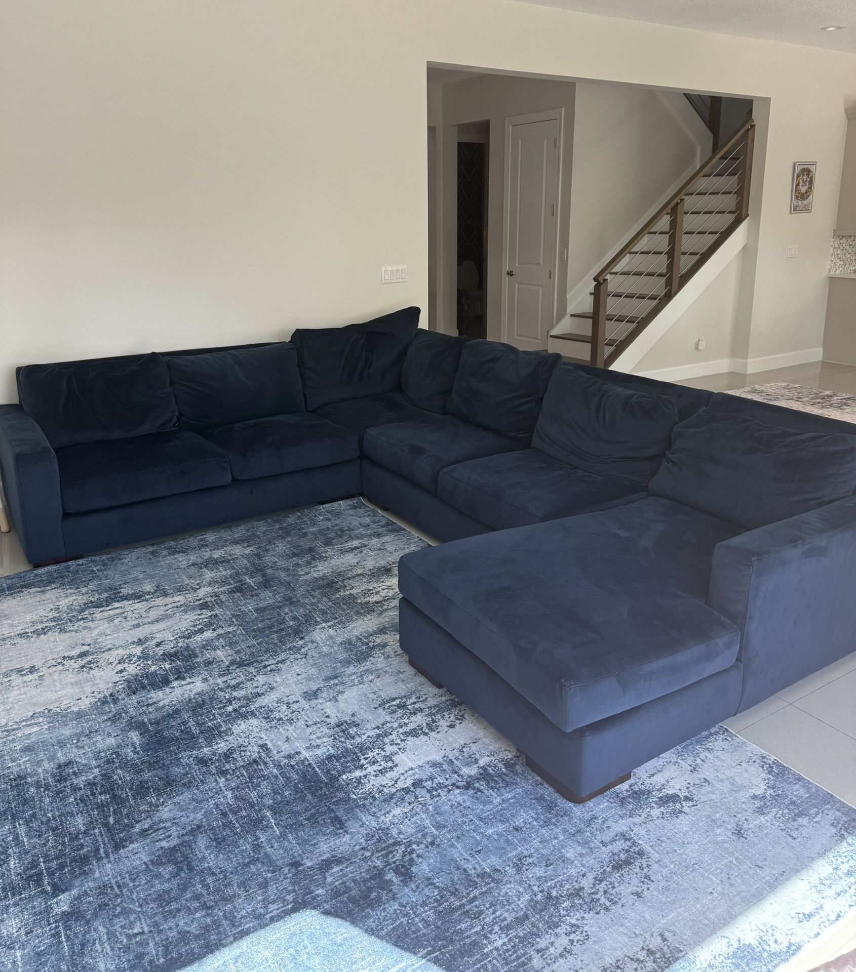 Navy Blue Velvet Sectional Sofa with Chaise - Like New