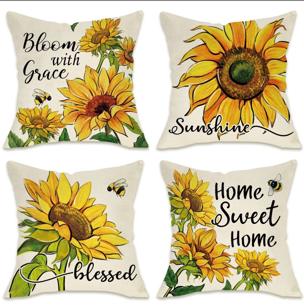 Fahrendom Sunflower Sunshine Decorative Throw Pillow Cover 18 X 18 Set Of 4, Spring Summer Home Sweet Home Blessed Porch Patio Outdoor Pillowcase, Fal