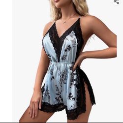 Floral Print Nightgown Romper with Lace Trim, High Cut Lingerie