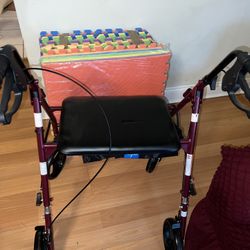 Medline Large Steel Foldable 8” Wheels Bariatric Rollator Walker with Adjustable Handles, Padded Seat & Backrest, Burgundy