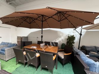 NEW Outdoor Patio Furniture Dining Set 10 Pc Wicker Acacia Wood Table With 15' LED lights Umbrella ASSEMBLED