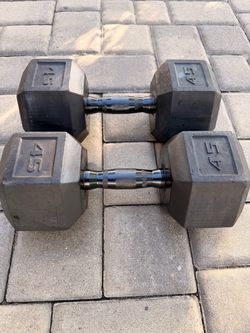 Pair of 45 pound rubber coated HEX Dumbbells