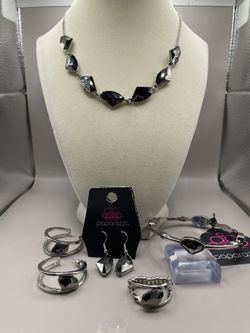 Paparazzi Black Gemstone Necklace, Dangle And Hoop Earrings, Bracelet, And Ring