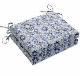 New Pillow Perfect Set of 2 Indoor/Outdoor 18.5"x16" Square Seat Cushions Blue Medallion
