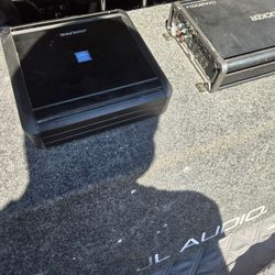 12 In JL Audio Subwoofers In Slotted Base Wedge Ported Box 500 Watt Mono Amp 4 Channel Amp For Door Speakers Bundle