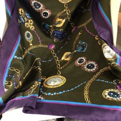 Vintage Olive Green Trimmed In Purple Scarf With Gems, Jewelry & Gold Made In Italy 