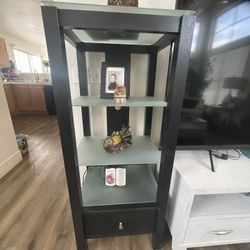 Set of two  espresso dark brown/ Glass Shelves Units w/ Drawer