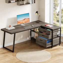 Tribesigns 53" L Shaped Office Desk, Reversible Corner Computer Desk with 3 File Drawers and 2 Storage Shelves for Home Office, Study, Gaming Room (Gr