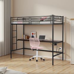 NALIYA Twin Metal Loft Bed Workstation with Long Desk and Charging Station in Black