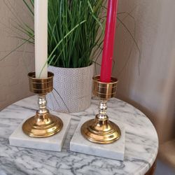 $15 Pair Brass Candle Holders With Marble Base 5 1/4"x 4"