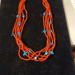 Najavo Red Coral, Turquoise and Sterling Silver Beads Necklace 