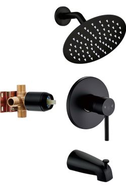 Black Tub Shower Faucet Set Complete with 6-Inch Rainfall Shower Head and Tub Spout Included Shower Valve Tub Shower Trim Kit Round Matte Black