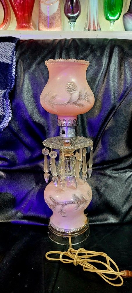 Vintage Frosted Pink Glass Boudoir Lamp Shabby Chic Prisms Grapes Vines