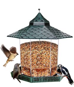 Two Wild Bird Feeder Hanging for Garden Yard Outside Decoration, Hexagon Shaped with Roof, Green 
