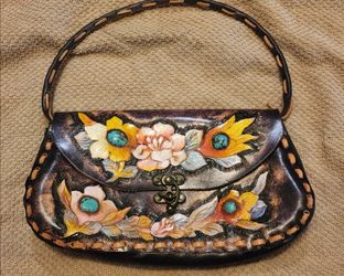 Vintage Wabags Hand Tooled Leather Western or Boho Handbag / Purse, Turquoise Accents, Clean!