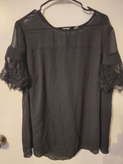 Women's Black Sheer Lace Blouse XL Short Sleeve Pullover Round Neck