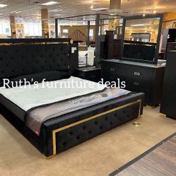 Black 4-pc Bedroom Set Queen Bed, Dresser, Mirror & nightstand  ( Not Including Mattress )