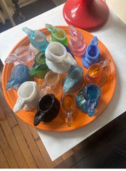 Victorian glass, frog, pulling a shell toothpick holders