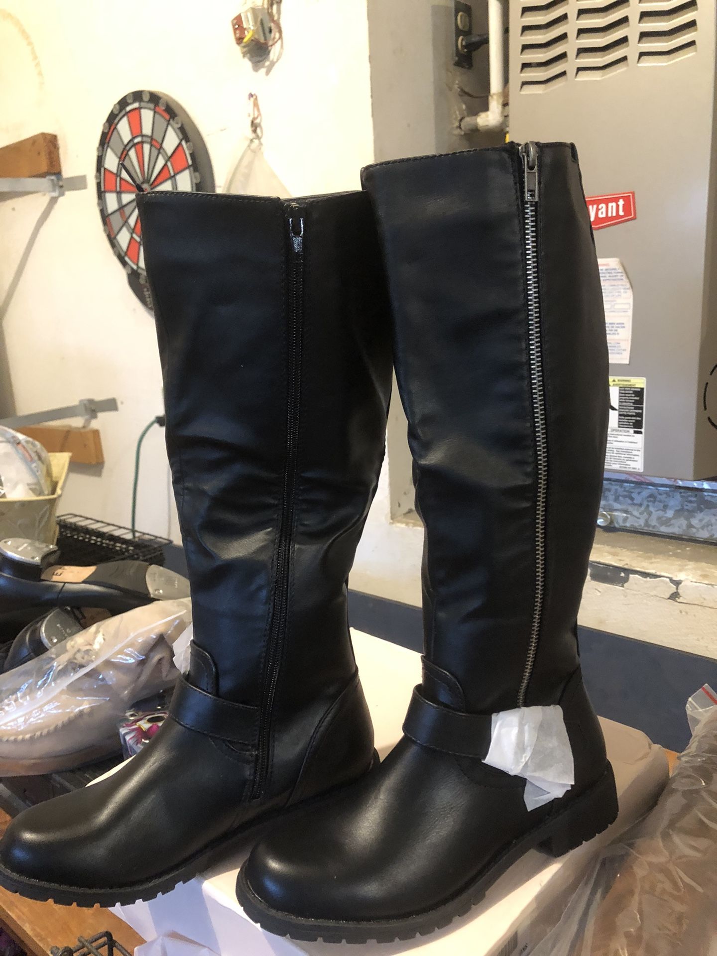 New Black Tall Boots-in Box! Real Leather Look