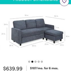 BRAND NEW Shaine Linen Sectional Sofa Couch w/ Chaise Lounge, Reversible Ottoman Bench