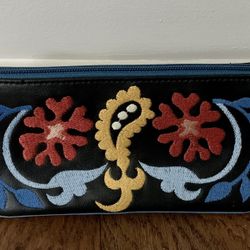 Isabella Fiore Blue Floral Embroidered Clutch Cosmetic Bag Pouch Wristlet