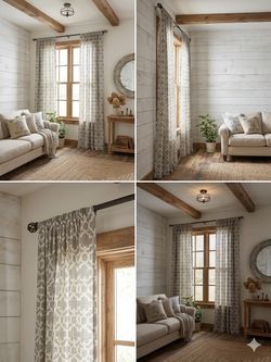 Gray/Green and Cream Trellis Pattern Rod Pocket Curtain Panels