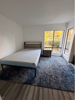 Bedroom set - bed/mattress, nightstand, rug, lamp, plastic drawer