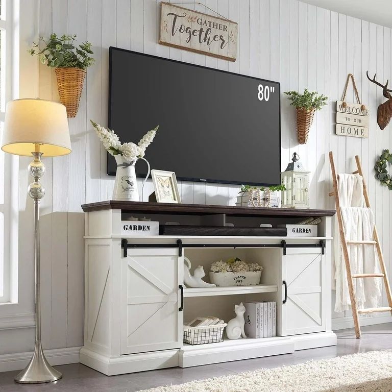 New, Farmhouse TV Stand for 80 Inch TVs, 39" Tall Entertainment Center w/Double Sliding Barn Door