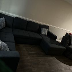 Blue-Gray sectional With Pull Out Middle Section (queen Length) & 360 Swivel chair