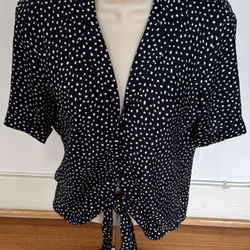 Mango Black Polka Dot Collared Button Up Tie Front Blouse, size S