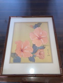 Vintage, Pink Hibiscus Flower Oil Painting.