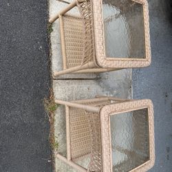 For Sale: Two beautiful vinyl wicker side tables with glass tops. Each measures 17” x 17” x 22”. These are heavy-duty, high-quality pieces in excellen