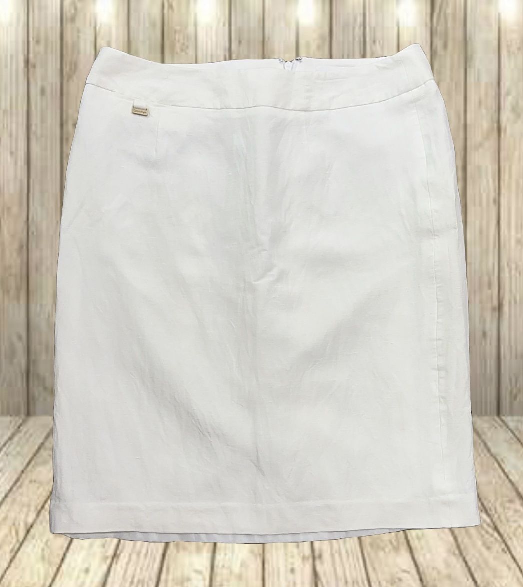 Calvin Klein Linen Skirt w/Liner Slit Back White 100% Linen Size 8 Women’s