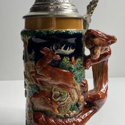 VTG Ceramic Beer Stein Tankard Lid Des Jagers Freud Die Grune Heid Fox Handle 