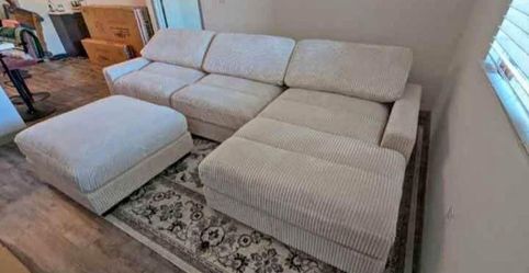 New 4 Piece Corduroy Sectional. Beige / Grey. 127”x66”. Free Delivery!