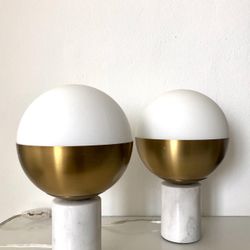 Mid Century / Vintage Globe Table Lamp, Soft Light, Brass and Marble Base - Pair