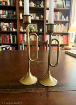 Vintage solid brass trumpet/bugle horn candlestick holders Set Of 2 8",7"