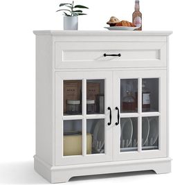 S318-Coffee Bar Cabinet with Storage, Kitchen Buffet Sideboard with Glass Doors, Modern Bathroom Cabinet with Drawer & Shelves, White Coffee Station f